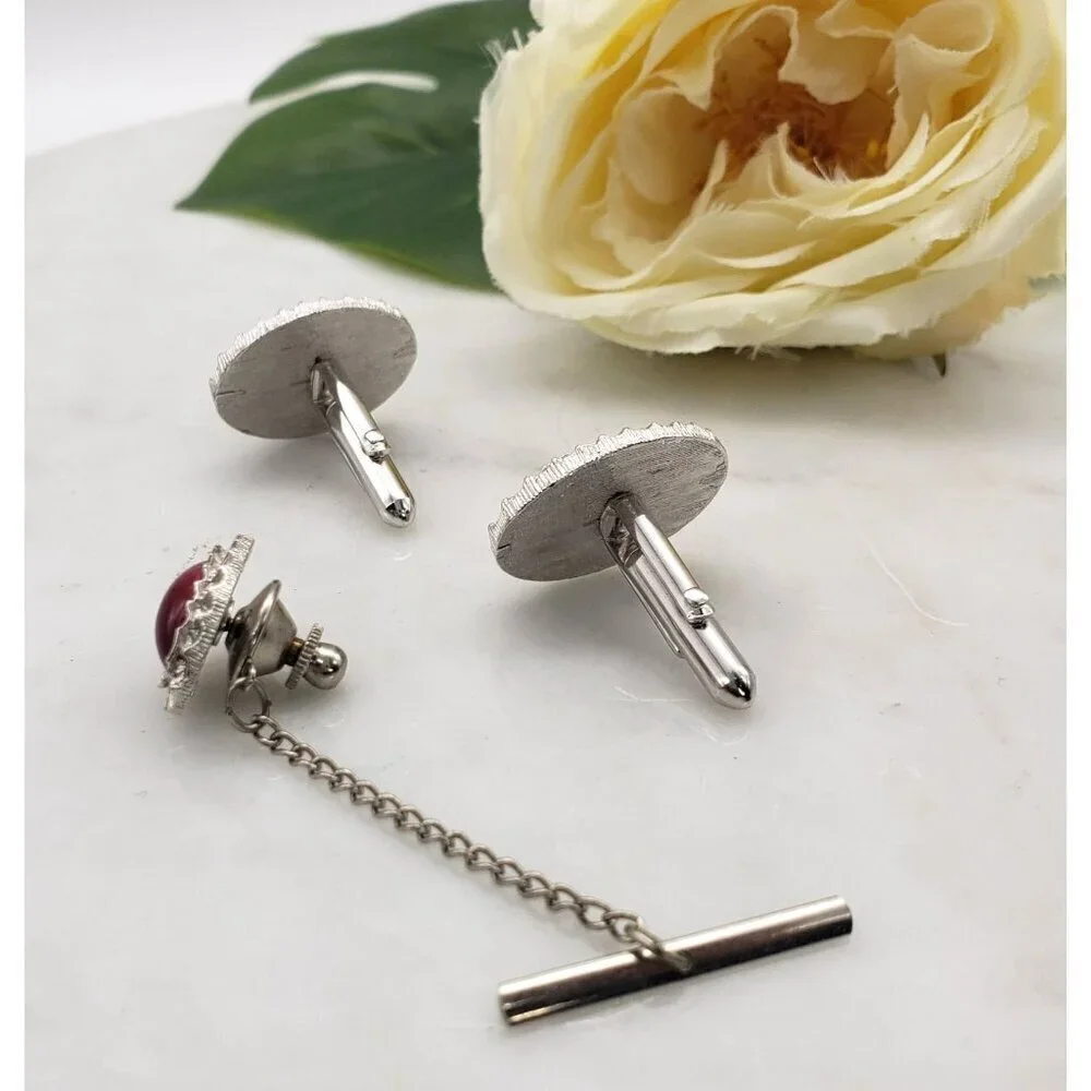 Vtg Garnet Pink Tiger's Eye Stone Fluted Silver Halo Cufflinks & Tie Tack Set